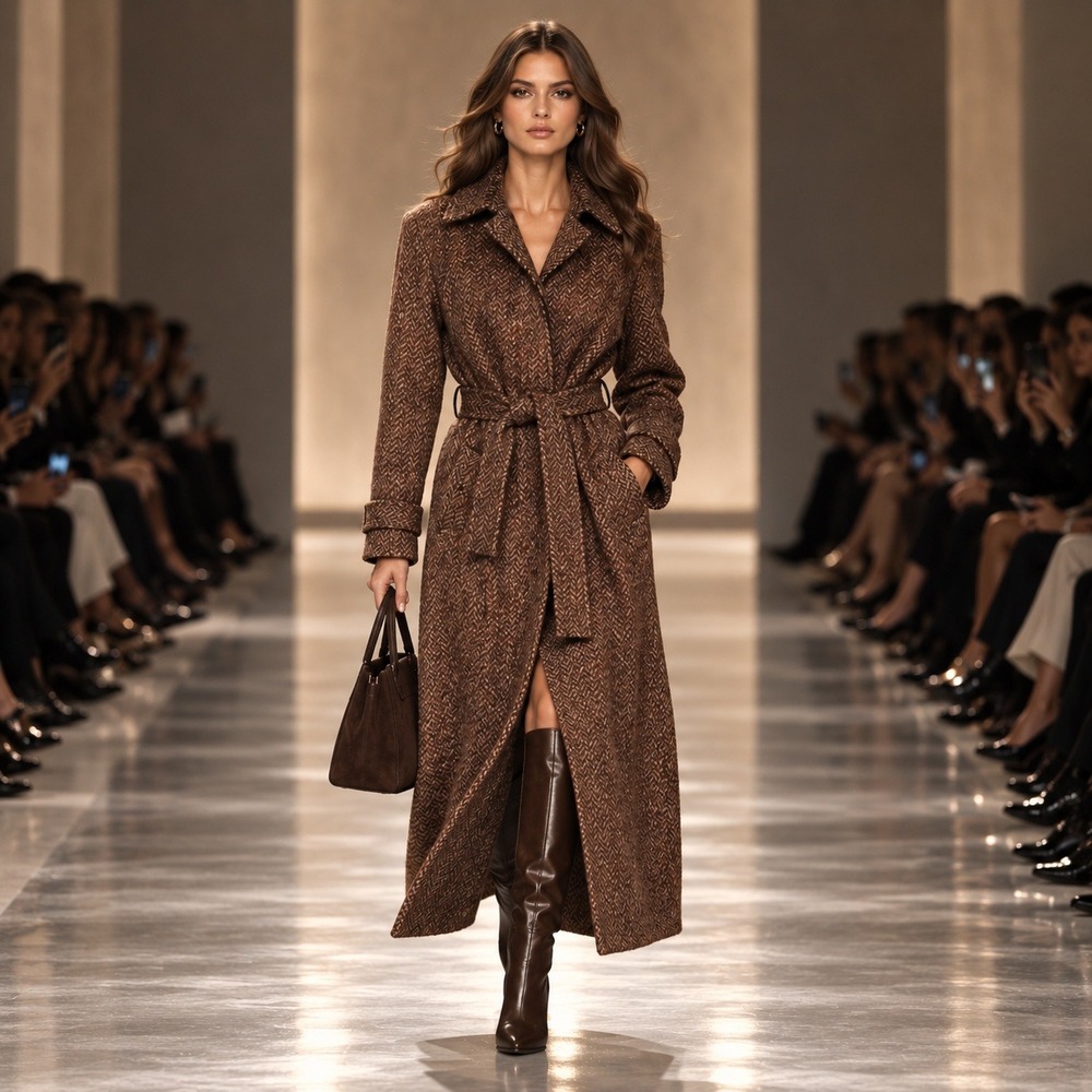 Vintage Herringbone Tweed Trench Coat Rust Brown Longline Belted Wool Blend Sz 8
